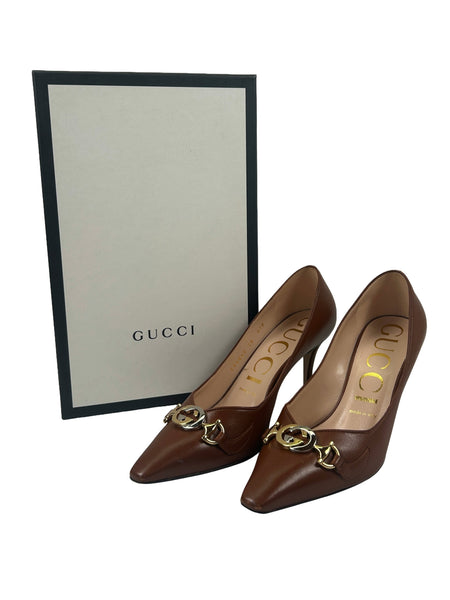 Gucci Size 38 Malaga Kid Leather Zumi Pumps