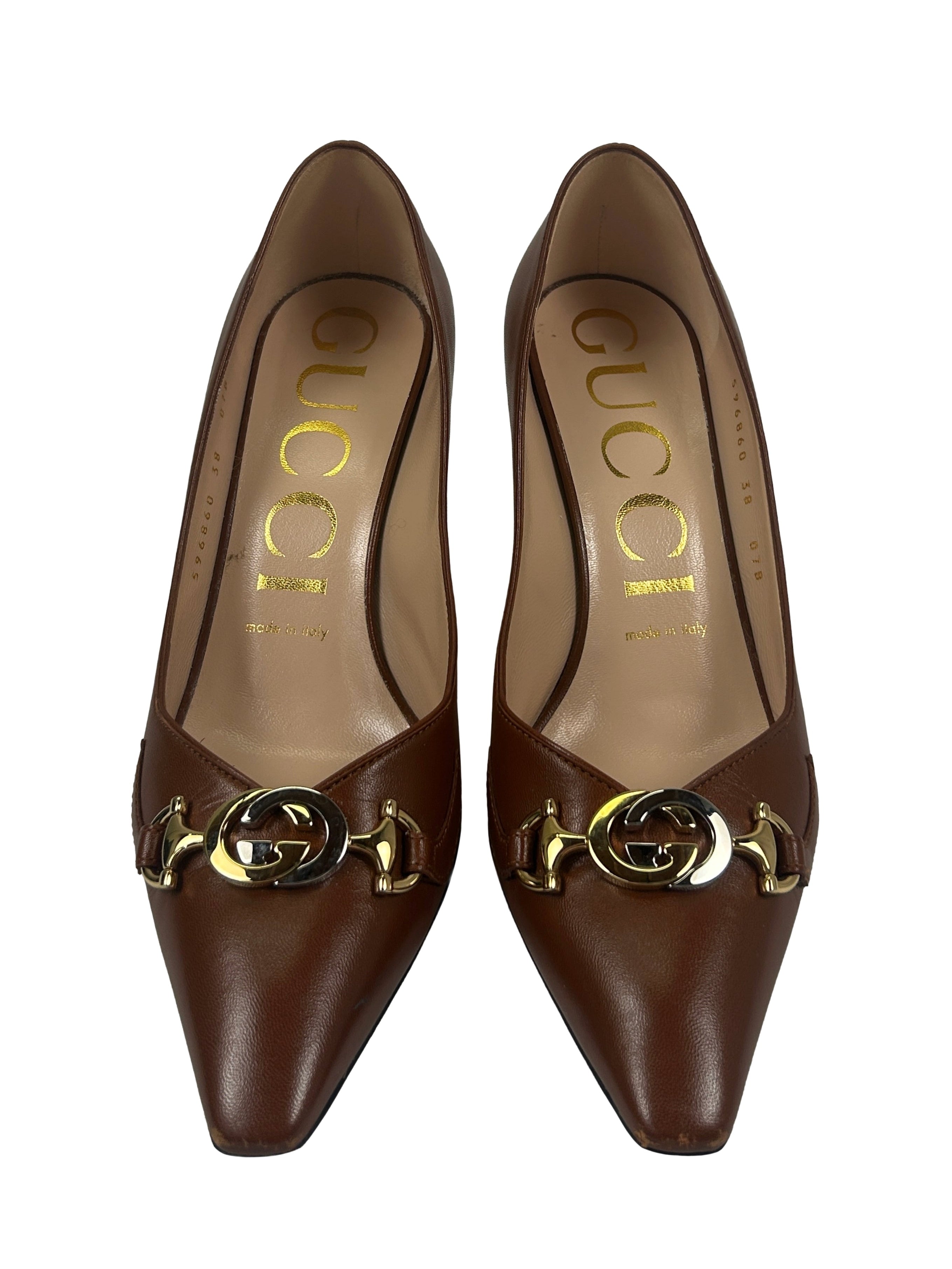 Gucci Size 38 Malaga Kid Leather Zumi Pumps