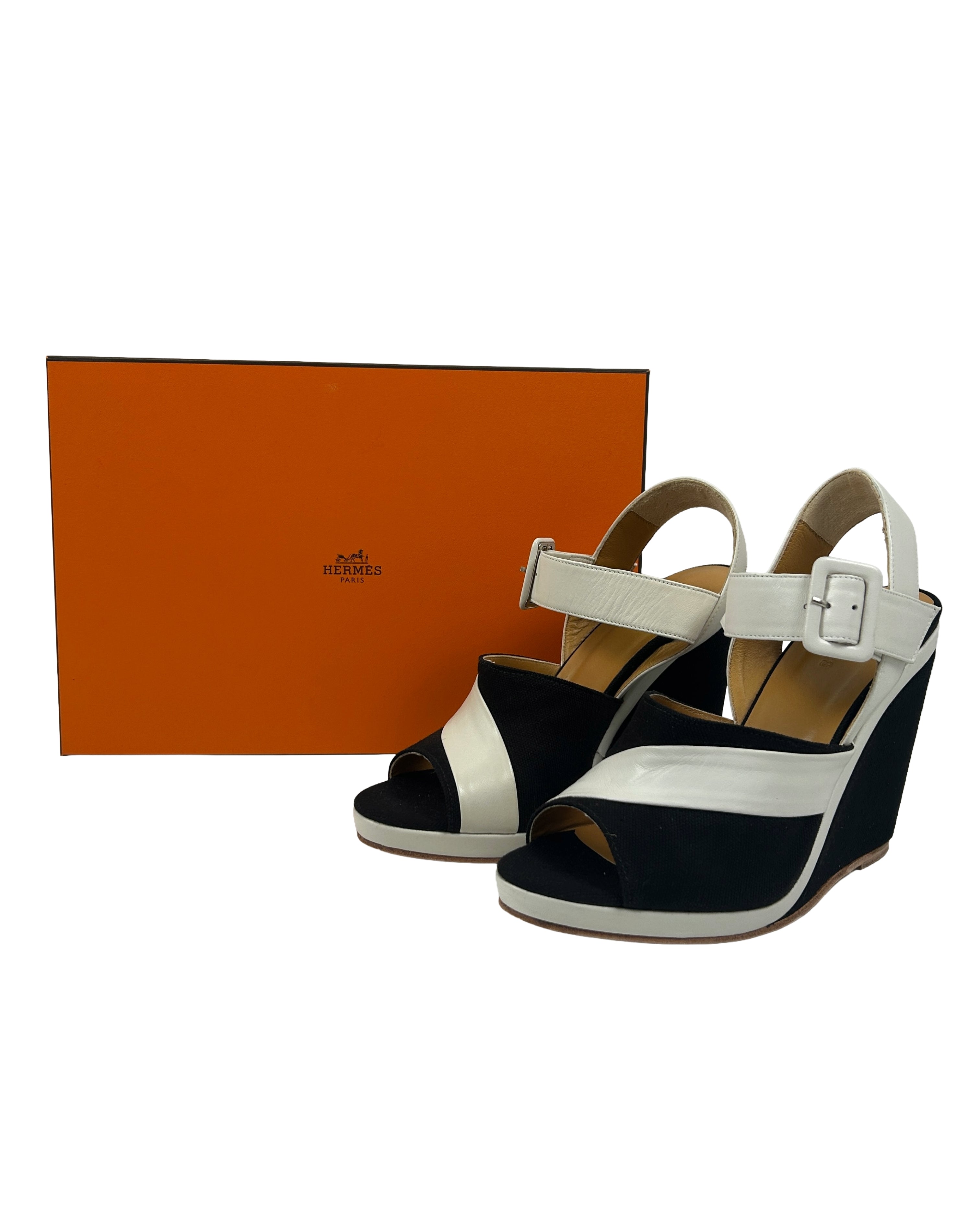 Hermes Size 37 Canvas Wedge Sandals